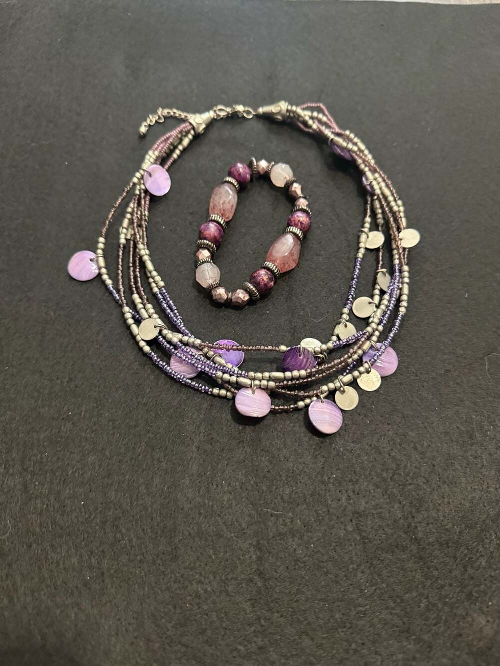 Purple Beaded Necklace and Bracelet Set with Sterling Silver Accents